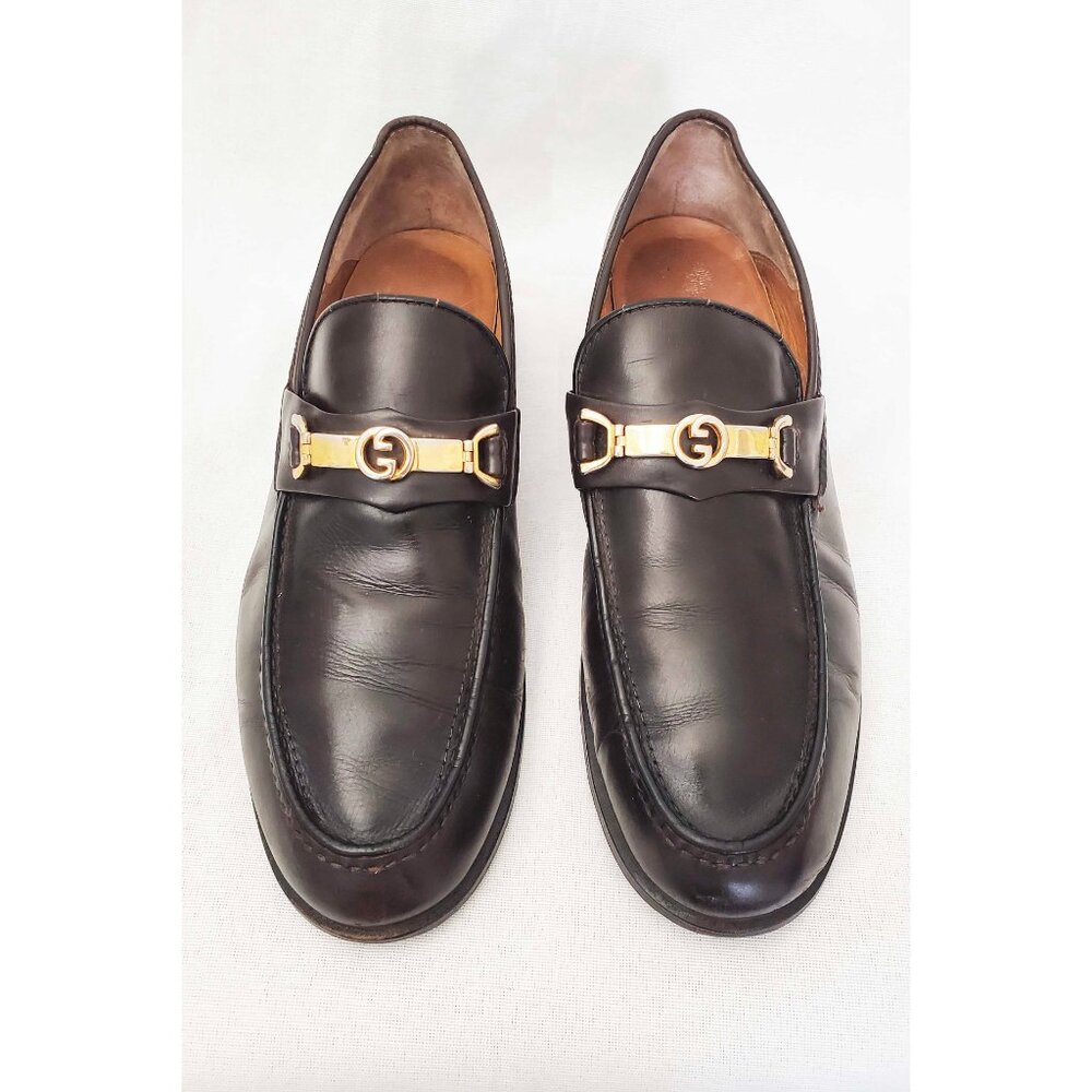 Vintage Gucci Men's Dark Brown Leather Loafers Shoes with Gold GG Buckle 42.5 - Picture 9 of 12